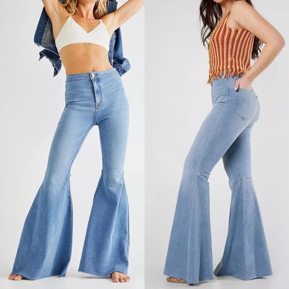 Free People Just Float On Super Flare High Rise Jeans Vintage Blue Light Wash - Picture 5 of 16